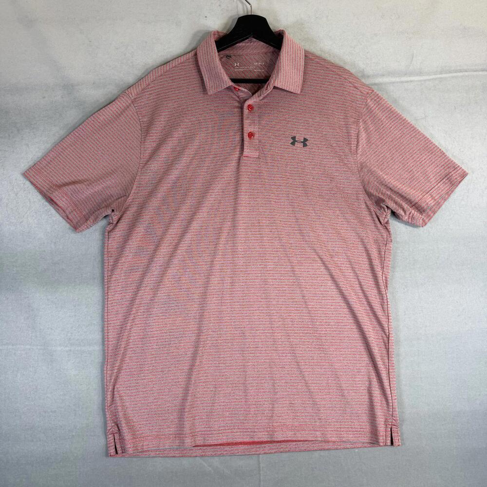Under Armour Polo Shirt Mens Large Red Gray Performance Striped Golf Heatgear